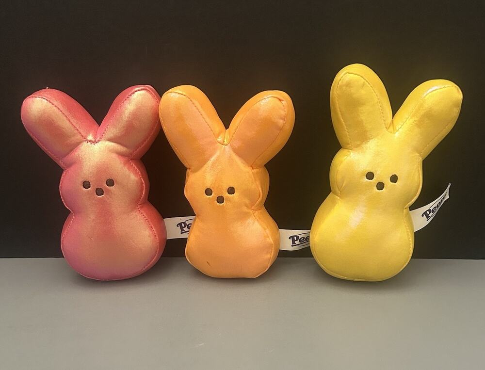 Peeps 6 Inch Shimmery Metallic Plush Pink, Yellow, Orange Bunny Rabbit Lot of 3